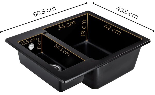 SINK Quality Chiuveta Quality Ferrum, chiuveta bucatarie granit 605x495x210 mm + sifon crom, negru, SKQ-FER.C.5KBO.X