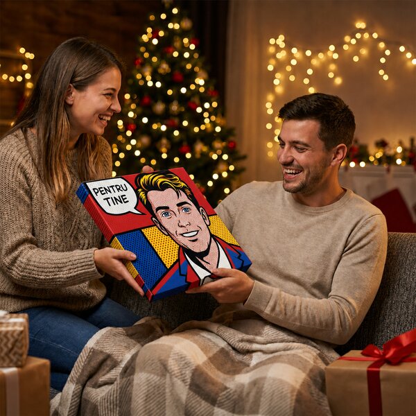 Portret pop-art benzi desenate din poză – cadou pe pânză cu bulă personalizată - 30 × 30 cm
