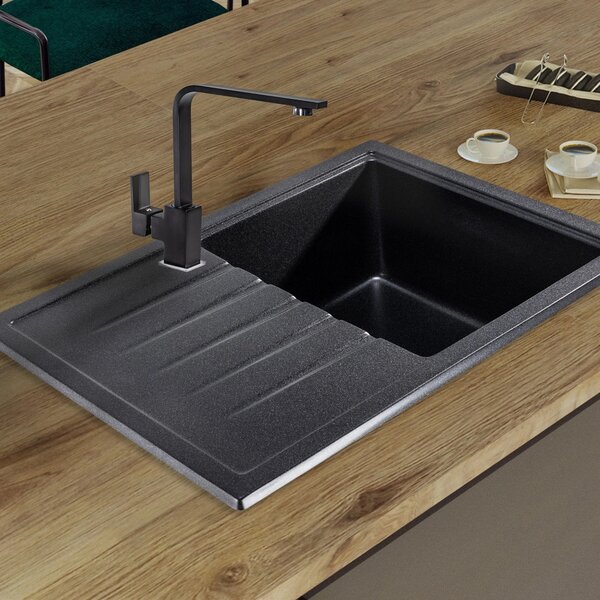 SINK Quality Chiuveta Quality Titanite, chiuveta bucatarie granit 680x495x215 mm + sifon crom, pete negre-Brocart, SKQ-TIT.B.1KKO.X