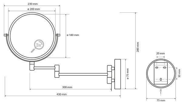 Sapho Sapho, oglindă cosmetică suspendată X-ROUND WHITE, diametru 180 mm, față-verso, albă, XR006W