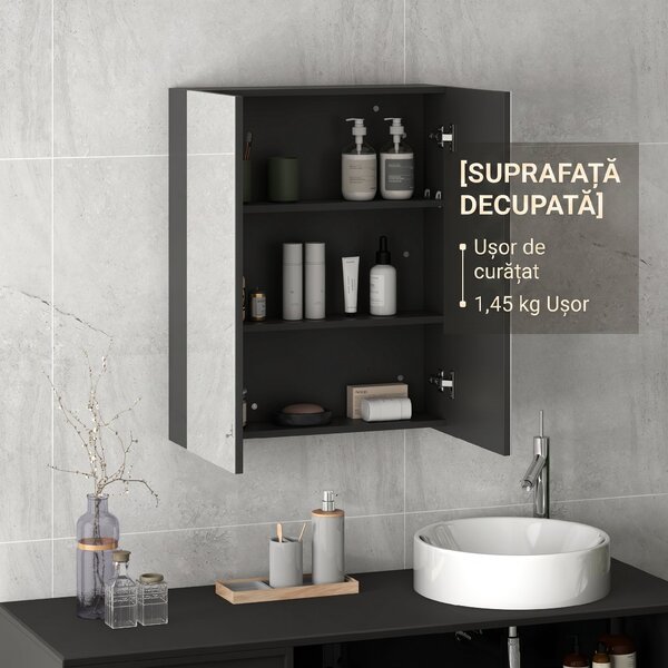 HOMCOM Dulap Suspendat de Baie cu 2 Uși cu Oglindă și 2 Rafturi Interne 60x15x75cm, Negru | Aosom Romania
