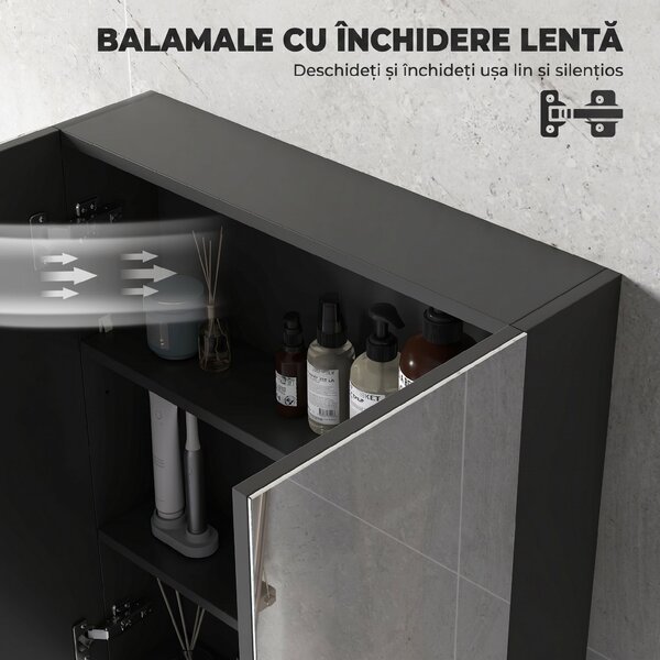 HOMCOM Dulap Suspendat de Baie cu 2 Uși cu Oglindă și 2 Rafturi Interne 60x15x75cm, Negru | Aosom Romania