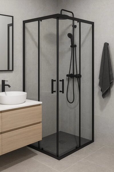 Erga Tucson, cabină de duș cu ușă glisantă 70(uşă) x 70(perete) x 190 cm, sticlă transparentă de 6 mm, profil negru, ERG-S02-TUCSON-D070D070-CL-BK