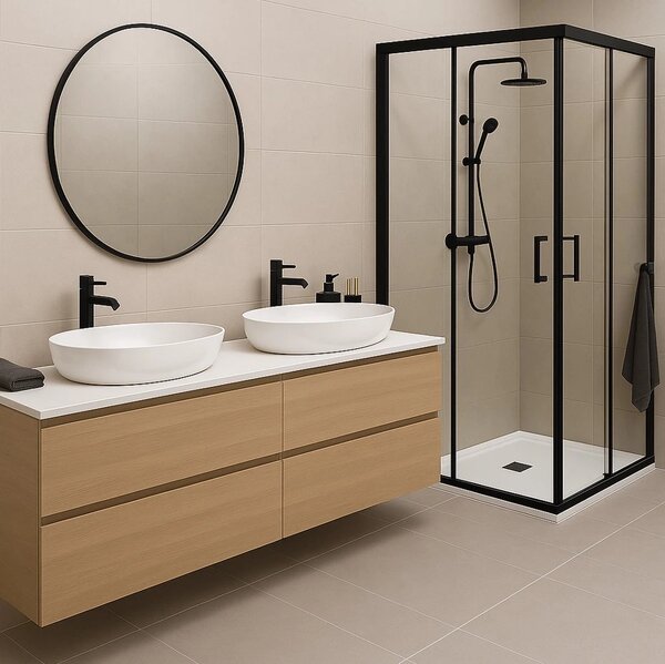 Erga Tucson, cabină de duș cu ușă glisantă 70(uşă) x 70(perete) x 190 cm, sticlă transparentă de 6 mm, profil negru, ERG-S02-TUCSON-D070D070-CL-BK