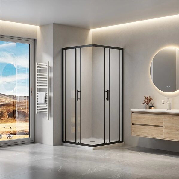 Erga Tucson, cabină de duș cu ușă glisantă 70(uşă) x 70(perete) x 190 cm, sticlă transparentă de 6 mm, profil negru, ERG-S02-TUCSON-D070D070-CL-BK