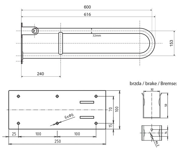 Sapho Sapho, mâner cu balamale HANDICAP 600 mm, oțel inoxidabil lustruit, XH516