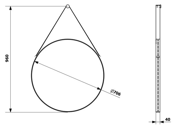 Sapho Sapho, oglindă rotundă ORBITER cu curea din piele, ø 70cm, negru mat, ORT070
