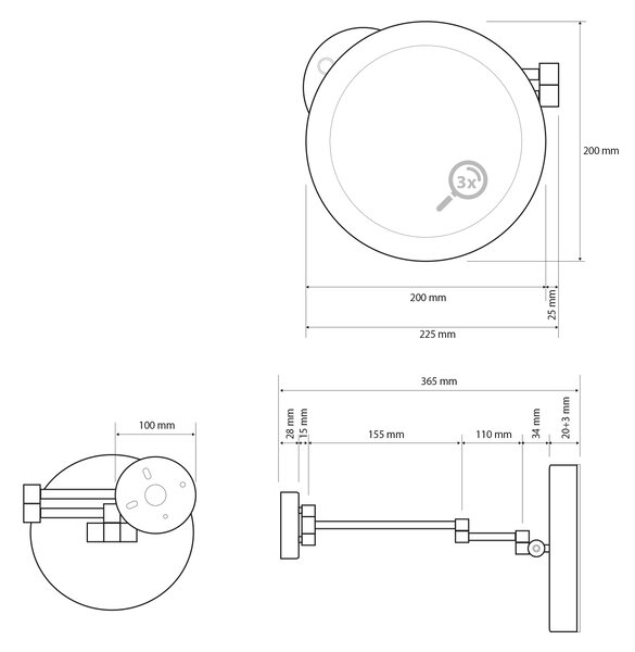 Sapho Sapho, oglindă cosmetică LED suspendată X-ROUND BLACK, diametru 200 mm, neagră, XR016B