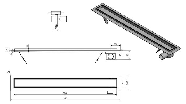 Aqualine Aqualine, scurgere de pardoseală din oțel inoxidabil PAVINO cu grilă pentru gresie, L-760, DN50, 2710-80