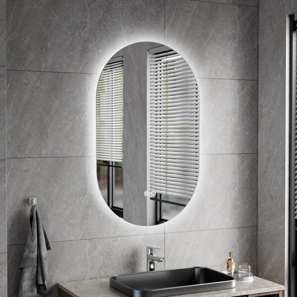 Erga Dalia, oglinda LED ovala 50x80cm, 3 culori de lumina, retroiluminare, placa incalzita anti-aburire, ERG-V01-Dalia-5080-CL