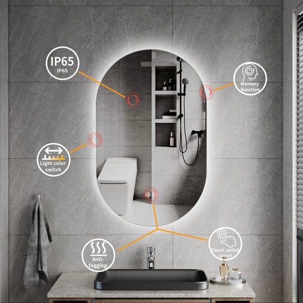 Erga Dalia, oglinda LED ovala 50x80cm, 3 culori de lumina, retroiluminare, placa incalzita anti-aburire, ERG-V01-Dalia-5080-CL
