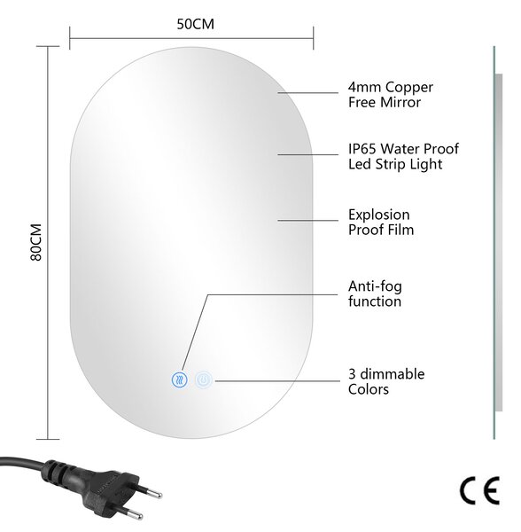 Erga Dalia, oglinda LED ovala 50x80cm, 3 culori de lumina, retroiluminare, placa incalzita anti-aburire, ERG-V01-Dalia-5080-CL