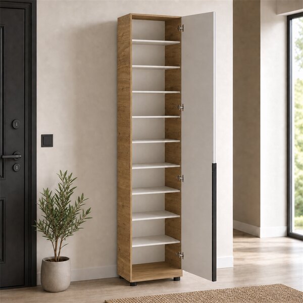 Pantofar cu oglinda Adore Porto, 1 usa si 10 compartimente, Stejar - Bej, 47x210x34 cm