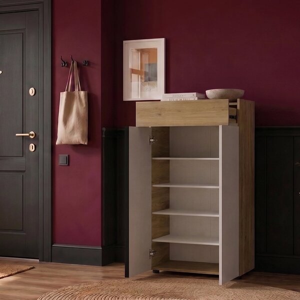 Pantofar Adore Porto, 2 usi, 1 sertar si 5 rafturi, Stejar - Bej, 72x111x34 cm