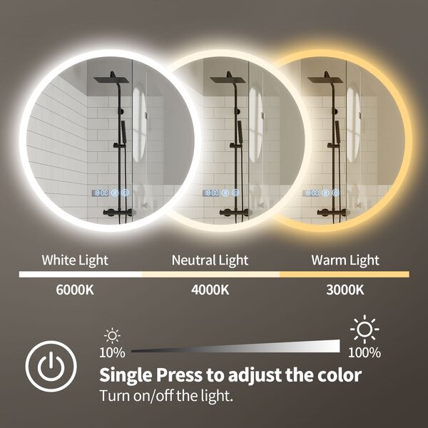 Erga Deam, oglinda rotunda LED 120cm, 3 culori de lumina, iluminare frontala, placa de incalzire anti-aburire, ERG-V01-Deam-1212-CL