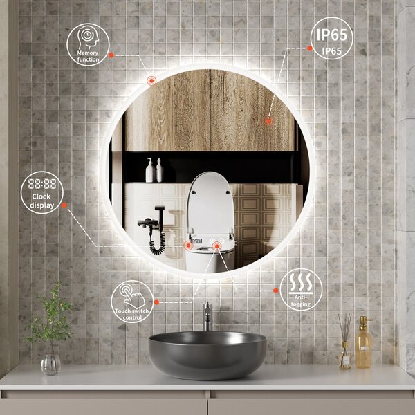 Erga Deam, oglinda rotunda LED 120cm, 3 culori de lumina, iluminare frontala, placa de incalzire anti-aburire, ERG-V01-Deam-1212-CL
