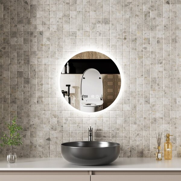 Erga Deam, oglinda rotunda LED 50cm, 3 culori de lumina, iluminare frontala, placa de incalzire anti-aburire, ERG-V01-Deam-5050-CL