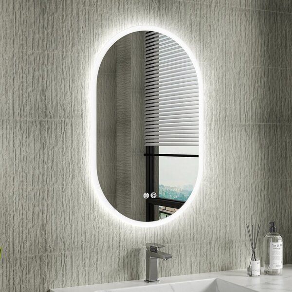 Erga Demi, oglinda LED ovala 50x80cm, 3 culori de lumina, iluminare frontala, placa de incalzire anti-aburire, ERG-V01-Demi-5080-CL