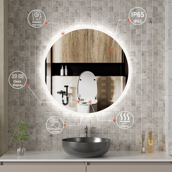 Erga Deam, oglinda rotunda LED 50cm, 3 culori de lumina, iluminare frontala, placa de incalzire anti-aburire, ERG-V01-Deam-5050-CL