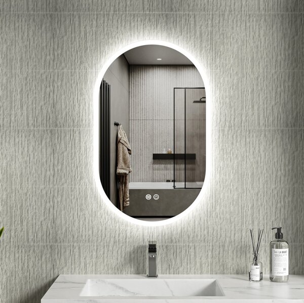 Erga Demi, oglinda LED ovala 50x80cm, 3 culori de lumina, iluminare frontala, placa de incalzire anti-aburire, ERG-V01-Demi-5080-CL