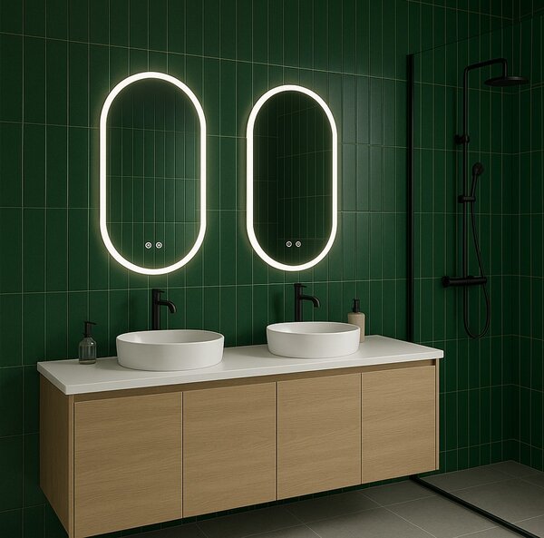 Erga Demi, oglindă ovală LED 40x60cm, 3 culori de lumină, iluminare frontală, pernă încălzitoare anti-aburire, ERG-V01-DEMI-4060-CL
