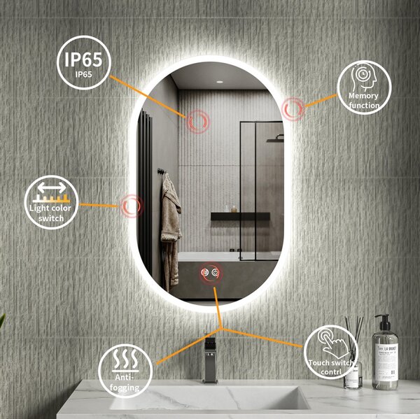 Erga Demi, oglinda LED ovala 50x80cm, 3 culori de lumina, iluminare frontala, placa de incalzire anti-aburire, ERG-V01-Demi-5080-CL