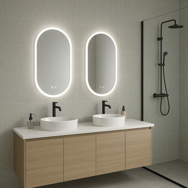 Erga Demi, oglindă ovală LED 40x60cm, 3 culori de lumină, iluminare frontală, pernă încălzitoare anti-aburire, ERG-V01-DEMI-4060-CL