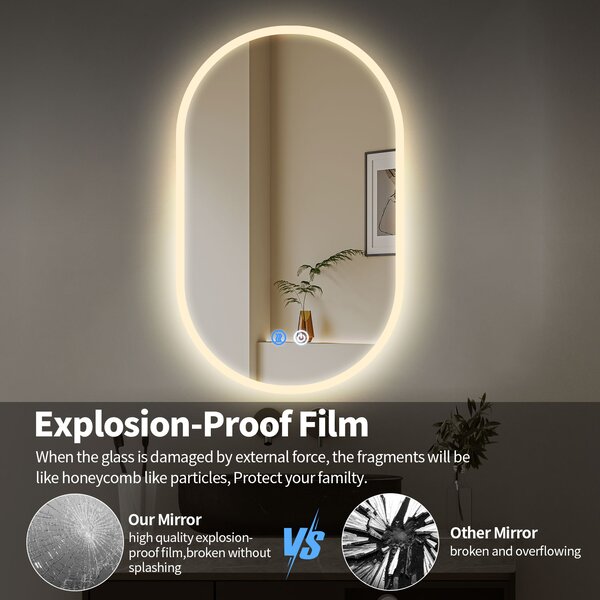 Erga Demi, oglindă ovală LED 40x60cm, 3 culori de lumină, iluminare frontală, pernă încălzitoare anti-aburire, ERG-V01-DEMI-4060-CL