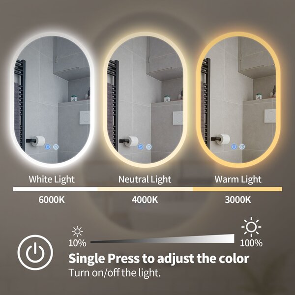 Erga Demi, oglindă ovală LED 40x60cm, 3 culori de lumină, iluminare frontală, pernă încălzitoare anti-aburire, ERG-V01-DEMI-4060-CL