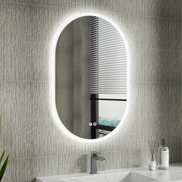 Erga Demi, oglinda LED ovala 60x90cm, 3 culori de lumina, iluminare frontala, placa incalzita anti-aburire, ERG-V01-Demi-6090-CL