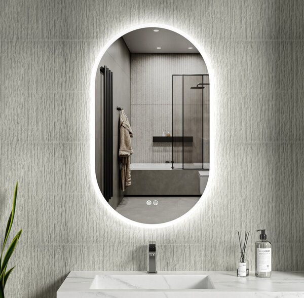 Erga Demi, oglinda LED ovala 60x100cm, 3 culori de lumina, iluminare frontala, placa de incalzire anti-aburire, ERG-V01-Demi-6010-CL