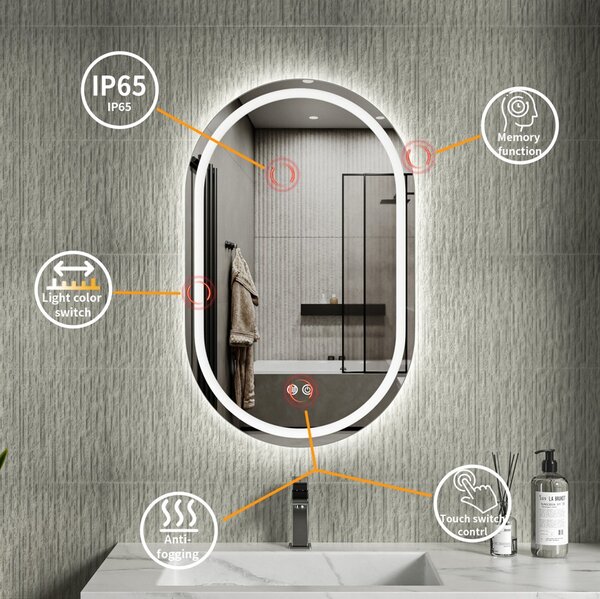 Erga Lyra, oglinda LED ovala 50x80cm, 3 culori de lumina, iluminare fata si spate, placa de incalzire anti-aburire, ERG-V01-Lyra-5080-CL