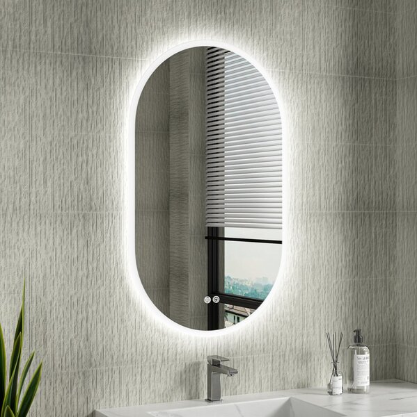 Erga Demi, oglinda LED ovala 60x100cm, 3 culori de lumina, iluminare frontala, placa de incalzire anti-aburire, ERG-V01-Demi-6010-CL