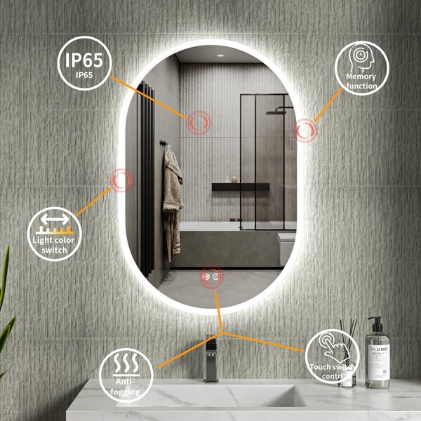 Erga Demi, oglinda LED ovala 60x90cm, 3 culori de lumina, iluminare frontala, placa incalzita anti-aburire, ERG-V01-Demi-6090-CL