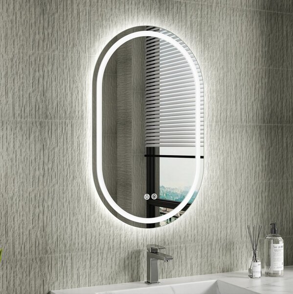 Erga Lyra, oglinda LED ovala 50x80cm, 3 culori de lumina, iluminare fata si spate, placa de incalzire anti-aburire, ERG-V01-Lyra-5080-CL