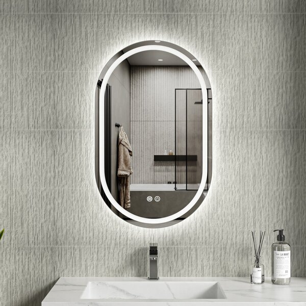 Erga Lyra, oglinda LED ovala 50x80cm, 3 culori de lumina, iluminare fata si spate, placa de incalzire anti-aburire, ERG-V01-Lyra-5080-CL