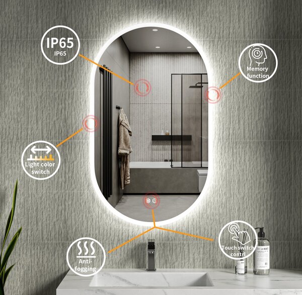 Erga Demi, oglinda LED ovala 60x100cm, 3 culori de lumina, iluminare frontala, placa de incalzire anti-aburire, ERG-V01-Demi-6010-CL