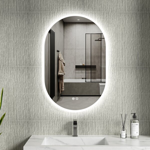 Erga Demi, oglinda LED ovala 60x90cm, 3 culori de lumina, iluminare frontala, placa incalzita anti-aburire, ERG-V01-Demi-6090-CL