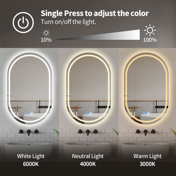 Erga Lyra, oglinda LED ovala 60x100cm, 3 culori de lumina, iluminare fata si spate, placa de incalzire anti-aburire, ERG-V01-Lyra-6010-CL