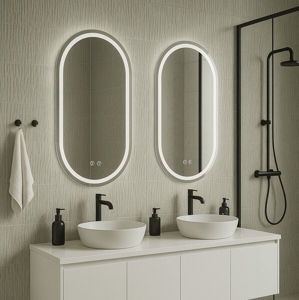Erga Lyra, oglinda LED ovala 60x100cm, 3 culori de lumina, iluminare fata si spate, placa de incalzire anti-aburire, ERG-V01-Lyra-6010-CL