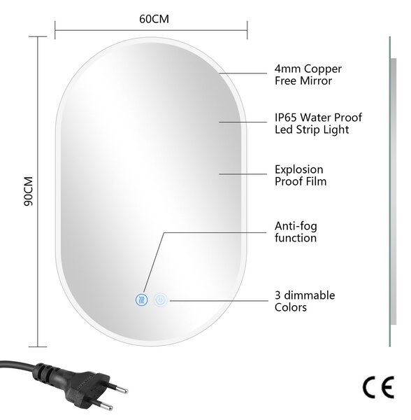 Erga Demi, oglinda LED ovala 60x90cm, 3 culori de lumina, iluminare frontala, placa incalzita anti-aburire, ERG-V01-Demi-6090-CL