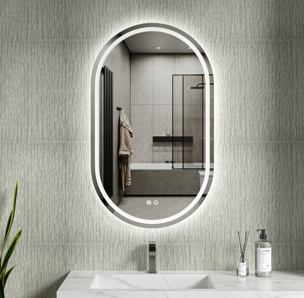 Erga Lyra, oglinda LED ovala 60x100cm, 3 culori de lumina, iluminare fata si spate, placa de incalzire anti-aburire, ERG-V01-Lyra-6010-CL