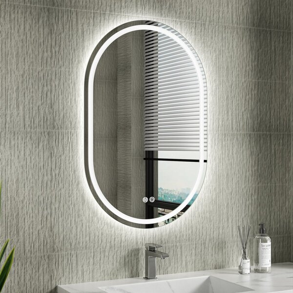 Erga Lyra, oglinda LED ovala 60x90cm, 3 culori de lumina, iluminare fata si spate, placa de incalzire anti-aburire, ERG-V01-Lyra-6090-CL