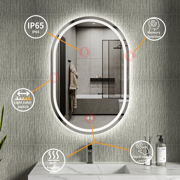 Erga Lyra, oglinda LED ovala 60x90cm, 3 culori de lumina, iluminare fata si spate, placa de incalzire anti-aburire, ERG-V01-Lyra-6090-CL