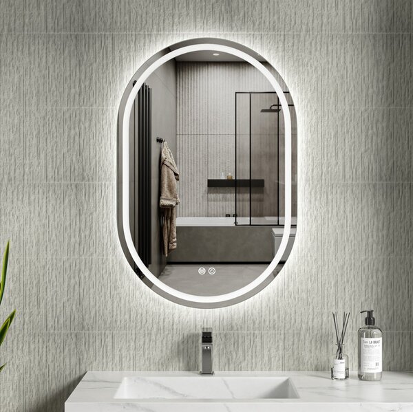 Erga Lyra, oglinda LED ovala 60x90cm, 3 culori de lumina, iluminare fata si spate, placa de incalzire anti-aburire, ERG-V01-Lyra-6090-CL