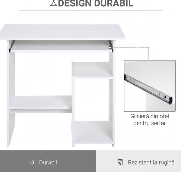 HOMCOM Birou Ergonomic Spațiu Optimizat, Alb, PAL/Metal, 80x45x75cm | Aosom Romania