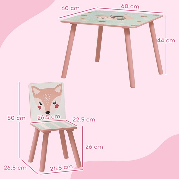 Set masă și scaun 3 piese ZONEKIZ pentru copii cu vârsta între 3-8 ani din MDF și lemn de pin cu desene animale, de culoare roz | Aosom Romania
