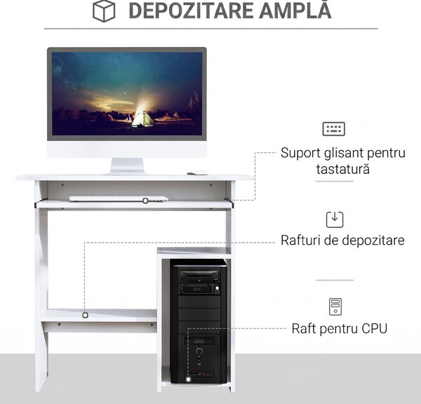 HOMCOM Birou Ergonomic Spațiu Optimizat, Alb, PAL/Metal, 80x45x75cm | Aosom Romania