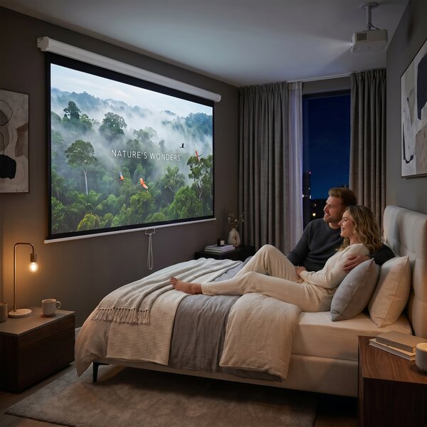 HOMCOM Ecran Proiector 100", 16:9, Montaj Perete/Tavan, Material Mat Premium, Blocare Automată, 221x124 cm, Alb | Aosom Romania