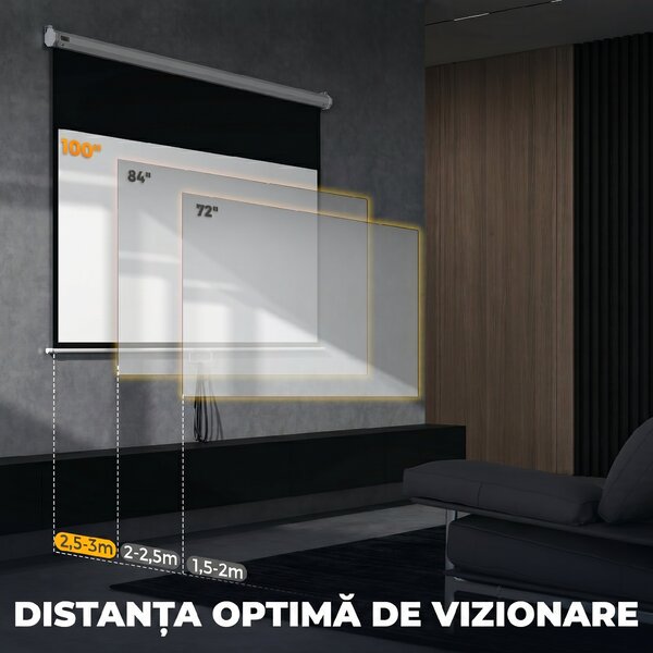 HOMCOM Ecran Proiector 100", 16:9, Montaj Perete/Tavan, Material Mat Premium, Blocare Automată, 221x124 cm, Alb | Aosom Romania